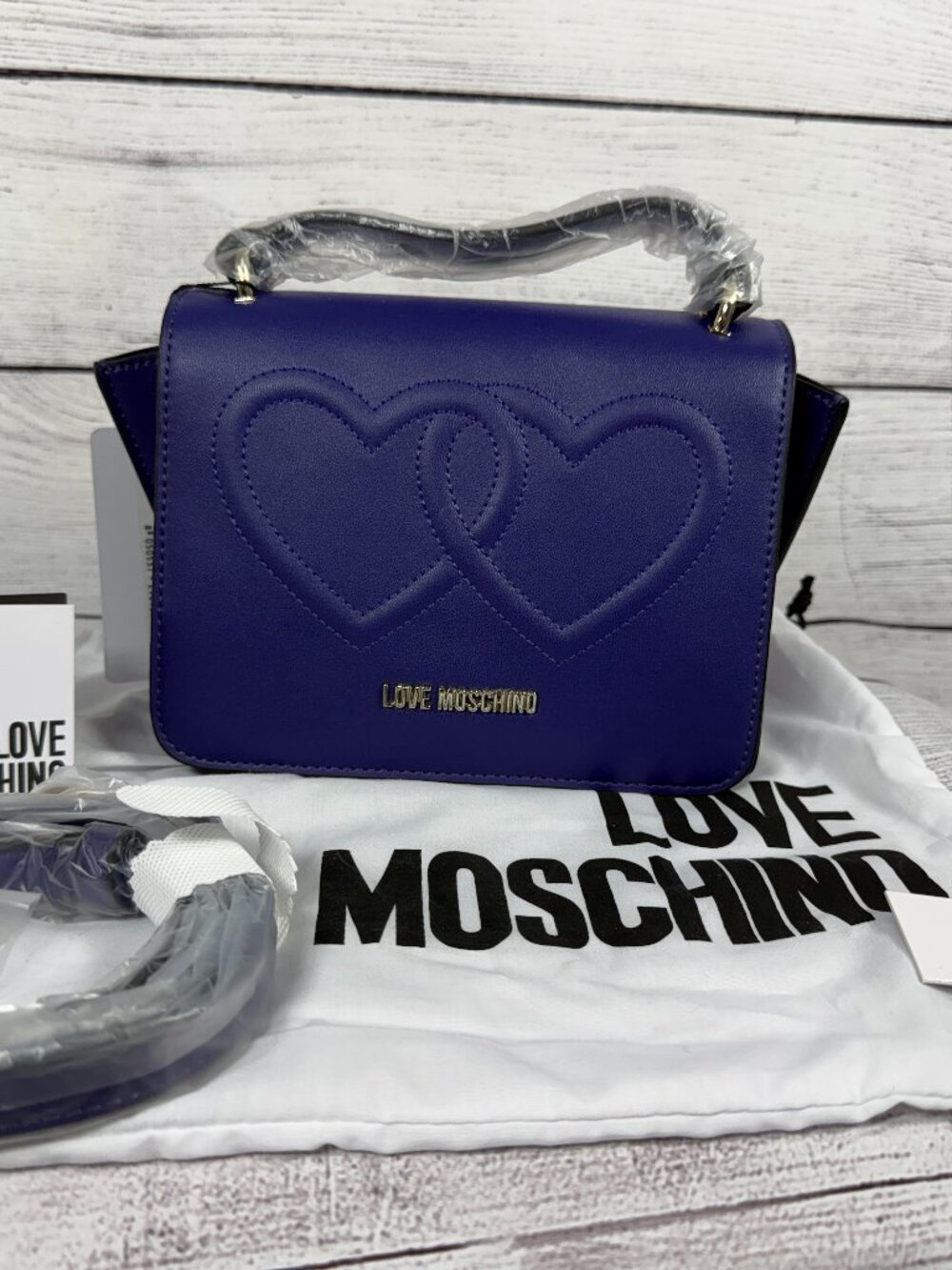 NWT Rare Love Moschino Double Heart Purple Crossbody Top Handle Bag